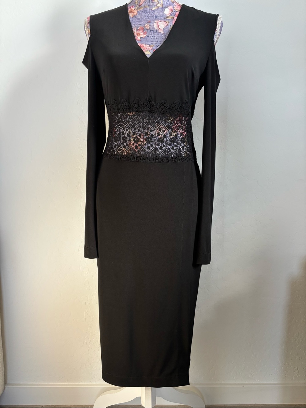Yigal Azrouel Black Cold-Shoulder Lace Waist Midi Dress